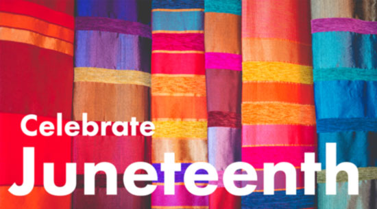 Celebrate Juneteenth white text on vibrant kente cloth