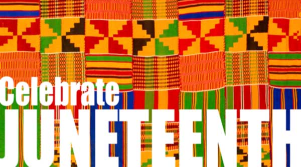 Banner for Celebrate Juneteenth. Featuring Kente Fabric