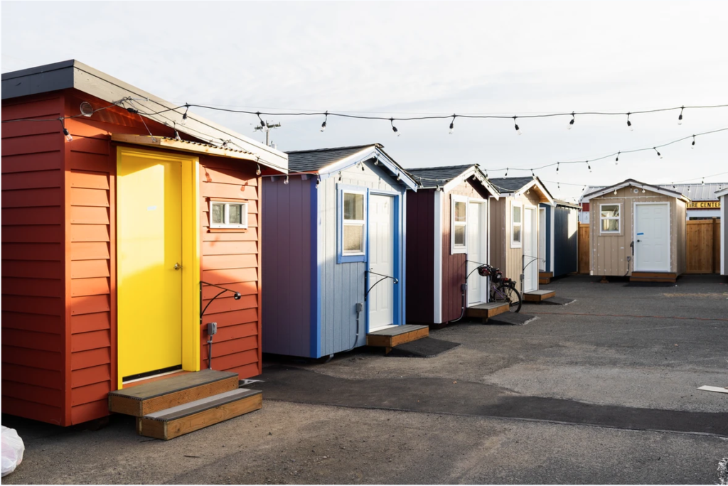 LIHI Tiny Home Village with several small homes for people experiencing homelessness.