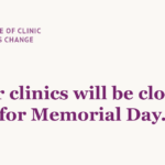 A clinic hours notice graphic for Therapeutic Health Services. In the top left, a clock icon with the words "Notice of Clinic Hours Change." The THS logo appears in the top right. On a warm cream background, bold THS purple text reads: "Our clinics will be closed for Memorial Day."