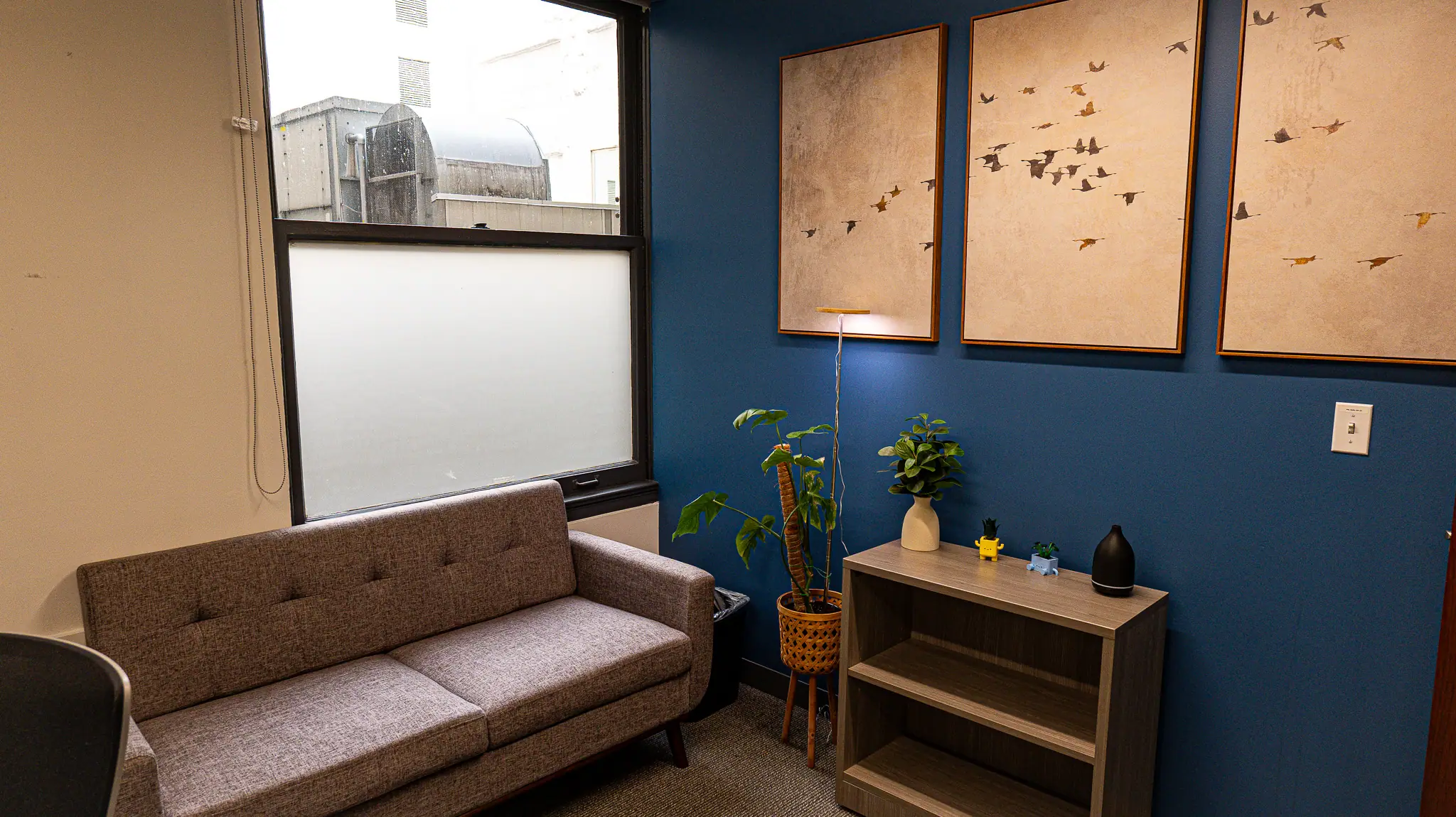 ths-olive-branch-location_office3 Calming THS Olive Branch therapy office with blue accent wall, gray loveseat, potted plants, and three framed bird prints