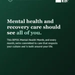 Dark forest green gradient graphic, light source top left. THS logo top right. Person-Centered Care badge (heart-with-figure icon) top left reads "Person-Centered Care / Supporting BIPOC Mental Health." Bold white serif headline: "Mental health and recovery care should see all of you," with "all of you" in mint. Body text: "This BIPOC Mental Health Month, and every month, we're committed to care that respects your culture and is built around your life." Bottom left, mint text reads "We're ready when you are," followed by "1-833-278-HELP · Get Help link in bio." Mint phone icon bottom right.