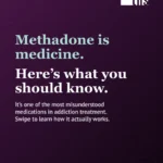 Dark purple gradient graphic. THS logo top right. Bold white and mint serif headline: "Methadone is medicine. Here's what you should know." Subtext notes it's one of the most misunderstood medications in addiction treatment and invites swiping to learn more. "Read post to learn more" in mint, eye icon bottom right.