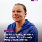 Photo of Kelly, a woman with light brown hair pulled back, wearing a navy blue jacket, photographed against a soft white-to-purple gradient background. Purple gradient overlay deepens toward the bottom of the image. "Patient Story" pill badge in THS purple. THS logo top right. Bold white serif headline: "She was facing jail time. She chose King County Drug Court instead." Subtitle: "Four years later, Kelly is sober, working, and just took her daughter on the trip of a lifetime."