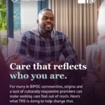 Photo of a man in a plaid flannel jacket, smiling mid-conversation in a warmly lit room with sheer curtains, seated among other people whose hands and shoulders are visible at the edges of frame. Purple gradient rises from the bottom of the image. BIPOC Mental Health Month badge (heart-with-family icon) top left, THS logo top right. Bold white and mint serif headline: "Care that reflects who you are." Body text explains that stigma and a lack of culturally responsive providers can make seeking care feel out of reach. "Swipe to learn more" bottom left, arrow bottom right.