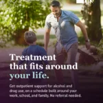 Photo of a father and young son playing soccer together in a sunlit park, the boy running ahead as the man reaches toward the ball. Purple gradient rises from the bottom of the image. Substance Use Treatment badge (heart-with-sprout icon) top left, THS logo top right. Bold white and mint serif headline: "Treatment that fits around your life." Subtext notes outpatient support for alcohol and drug use is available on a schedule built around work, school, and family, with no referral needed. Bottom left, mint text reads "We're here to help:" followed by "1-833-278-HELP · Link in bio." Mint phone icon bottom right.