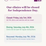 Light cream background. THS logo top right. Top left badge with clock icon reads "Notice of Clinic Hours Change." Bold purple centered headline: "Our clinics will be closed for Independence Day." Three rounded rectangular boxes below. Box 1 in light purple: bold purple label "Closed: Friday, July 3rd, 2026," subtext "All THS clinics and services will be closed." Box 2 in light green: bold green label "Dosing: Saturday, July 4th, 2026," subtext "Clinics will be open for regular dosing hours." Box 3 in light blue: bold blue label "Resume: Monday, July 7th, 2026," subtext "All THS locations will resume normal hours." Footer: "Have questions or need help? 1-833-278-HELP · ths-wa.org/get-help."